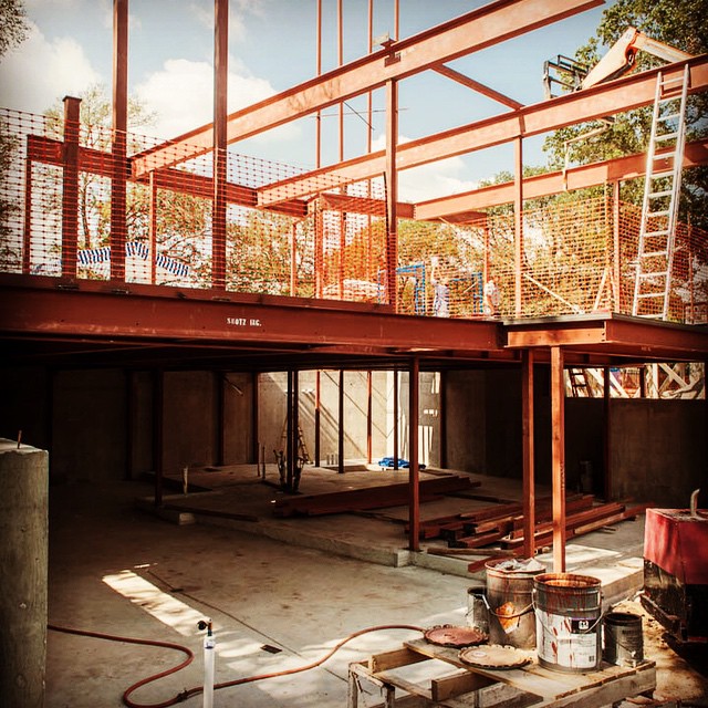 A future AIA Austin Homes Tour candidate home from Foursquare Builders designed by Cornerstone Architects. This four story home will feature a significant elevator structure wrapped with suspended steel staircase.
