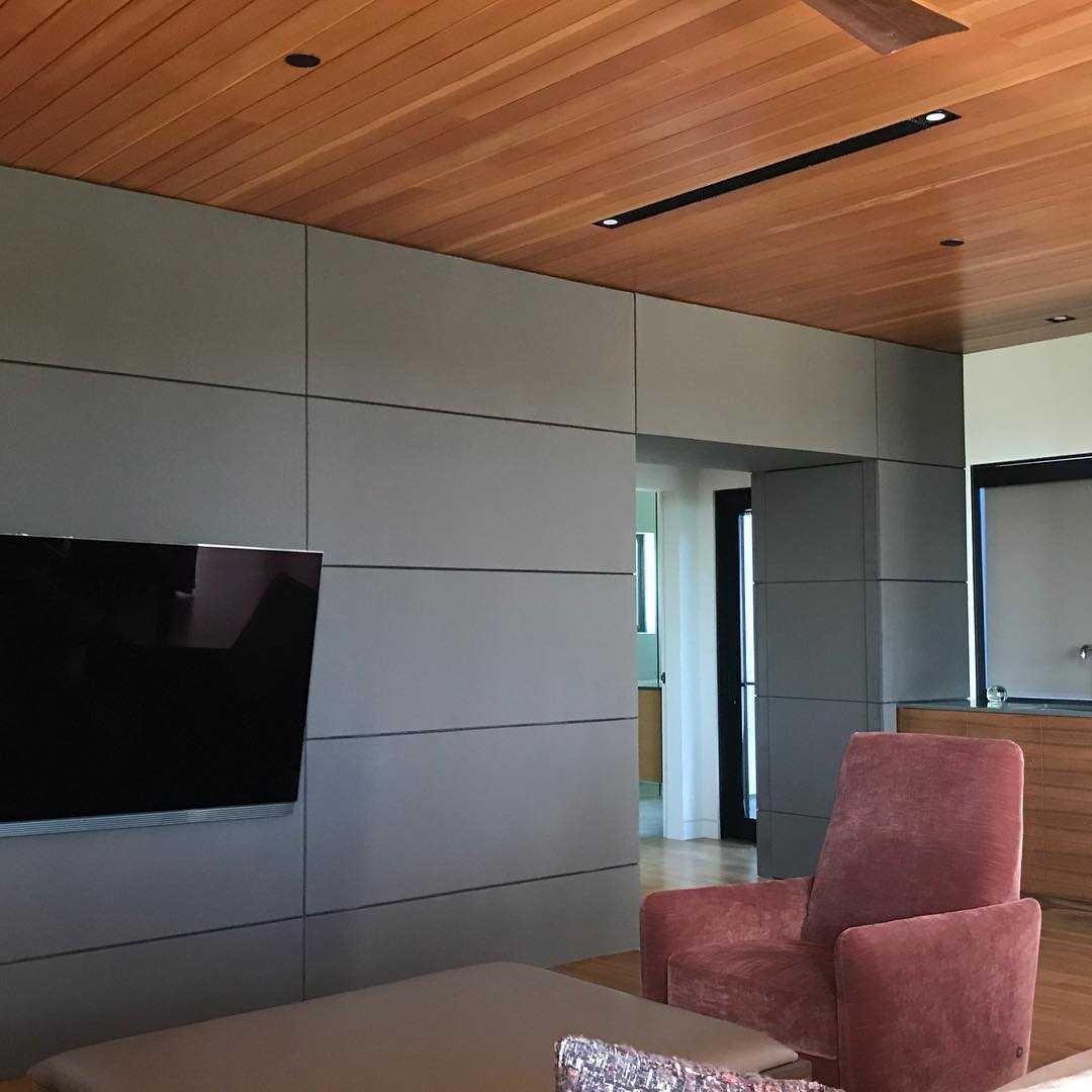 Walking one of our clients homes we finished recently. Love the details we resolved with the fabric walls in the TV room.