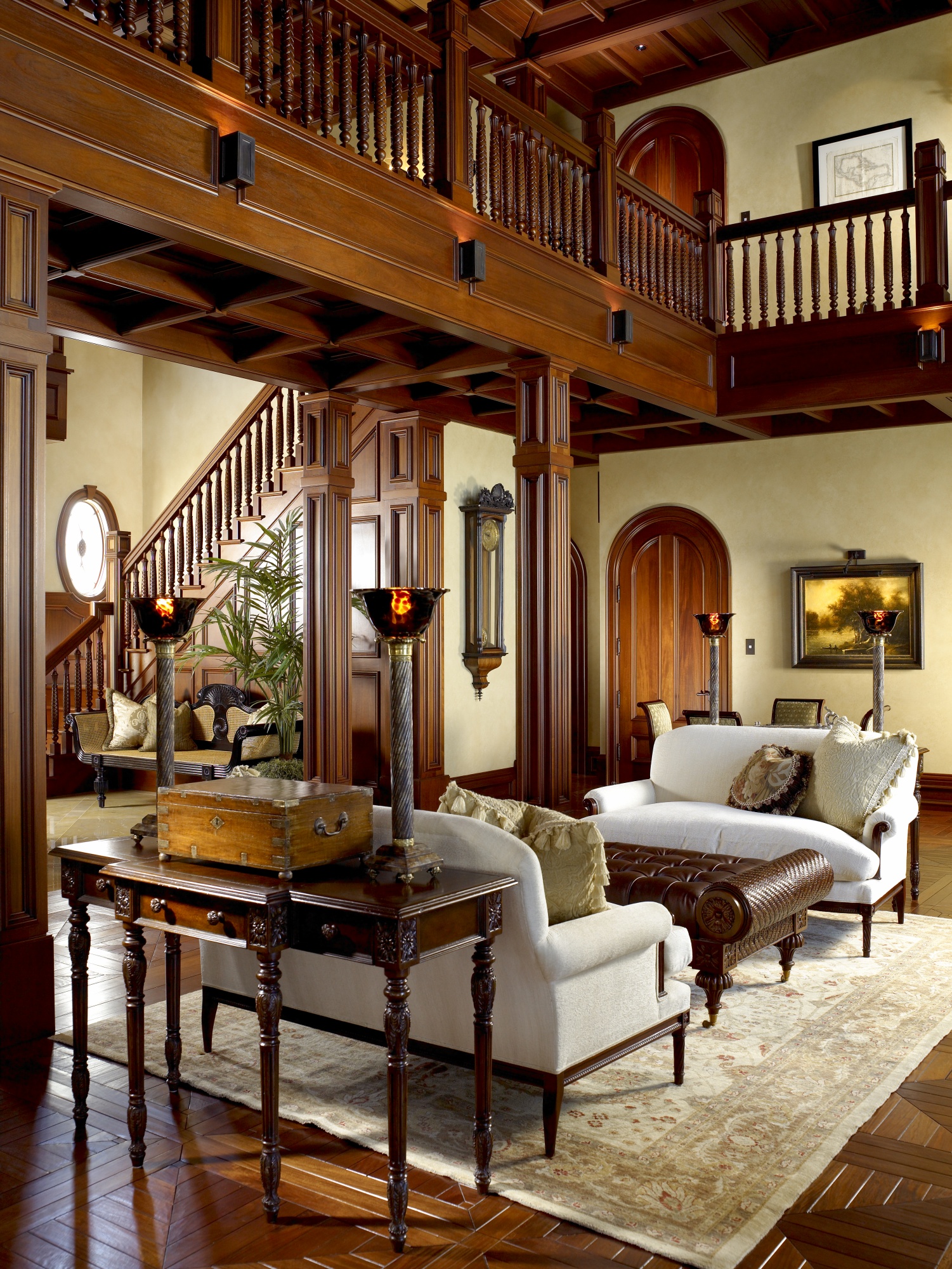 Coffered mahogany ceilings provide structure and beauty to the living room.