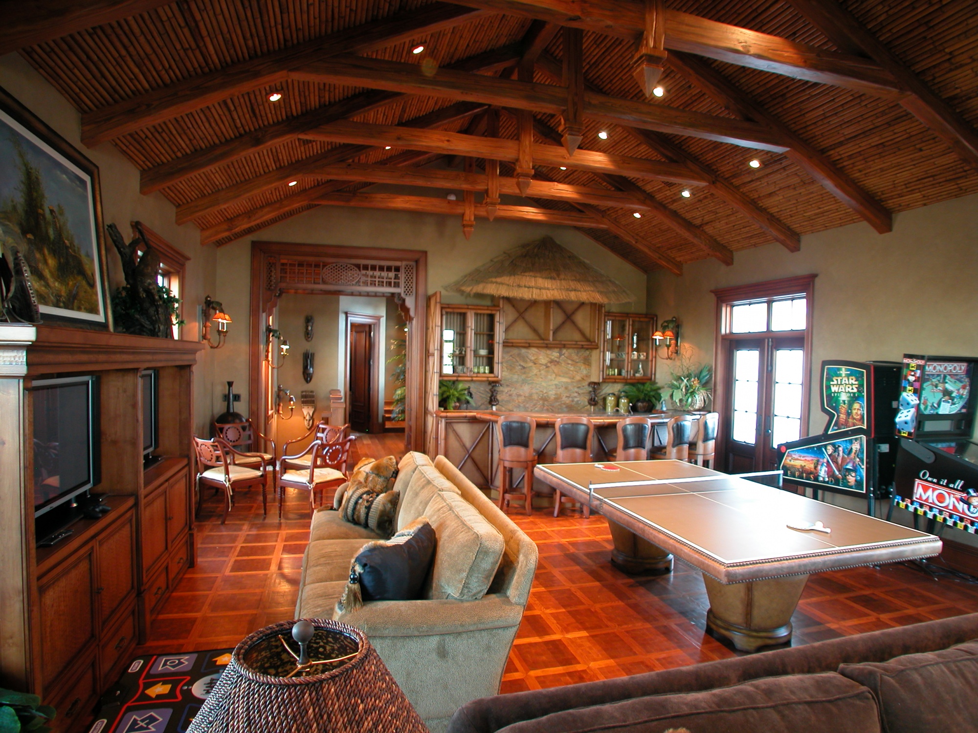 The children's playroom features hand carved pine beams.